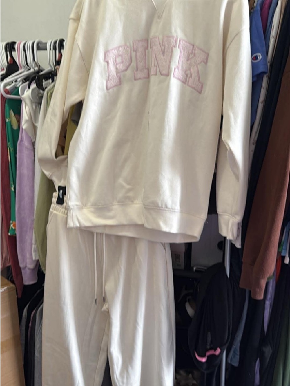 PINK Victoria's Secret Cream Sweatshirt & Jogger Set with Pink Logo